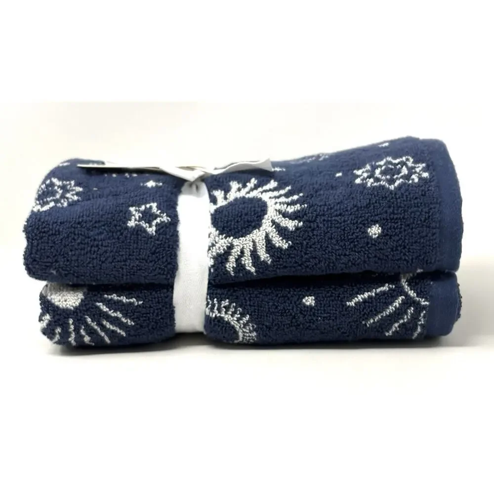 Rachel Zoe Celestial Sun Moon Stars Hand Towels 18x28” Blue Wht Plush NWT 2